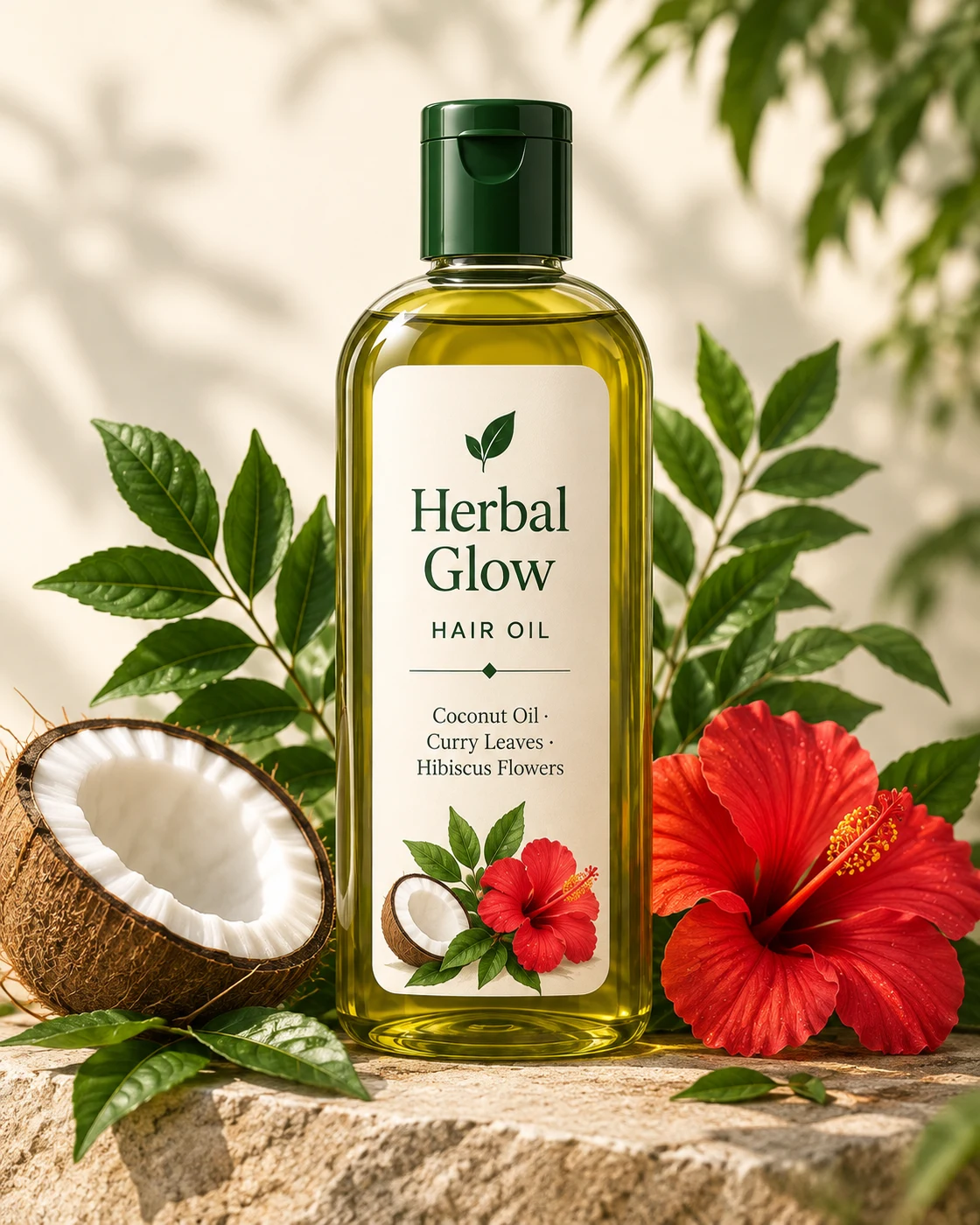 Illustrative Herbal Glow Hair Oil packaging with coconut, curry leaves and hibiscus in warm natural light; final packaging pending
