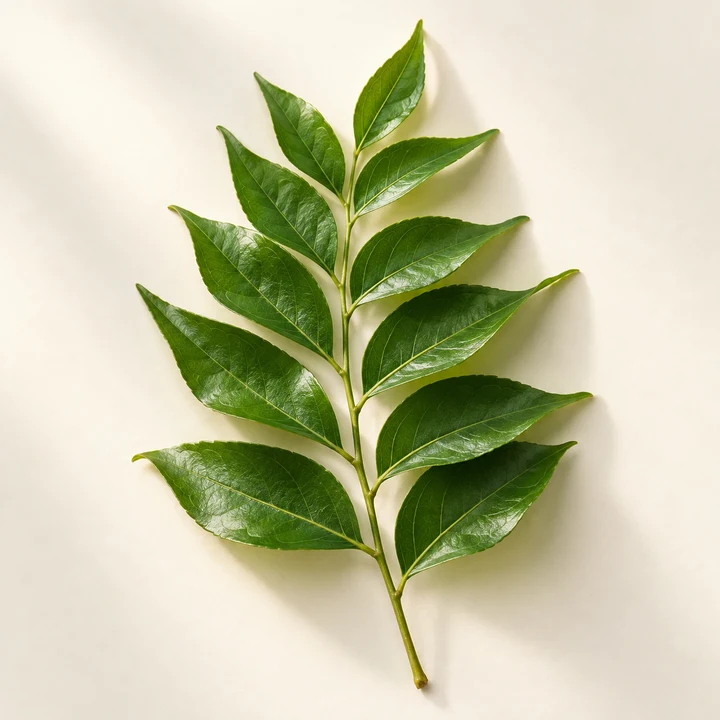 A stem of fresh green curry leaves