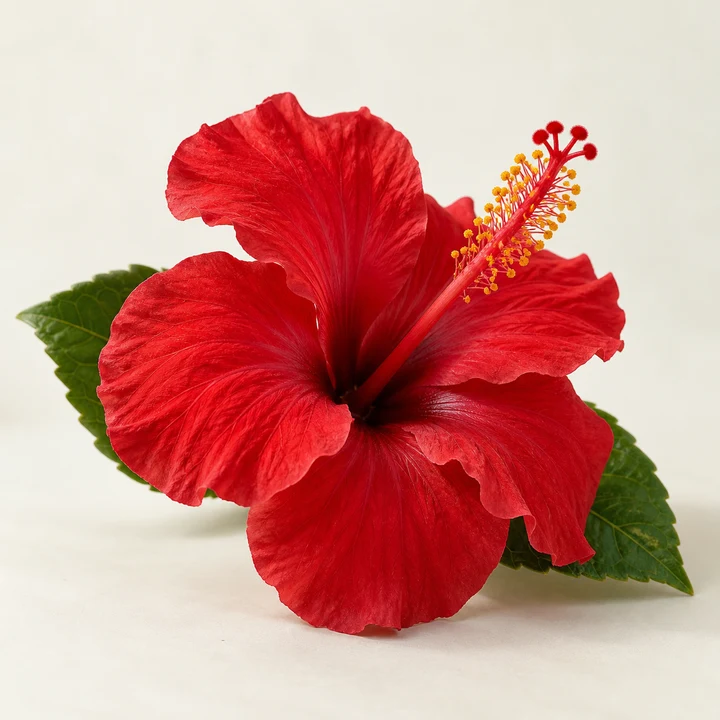 A red hibiscus flower with green leaves