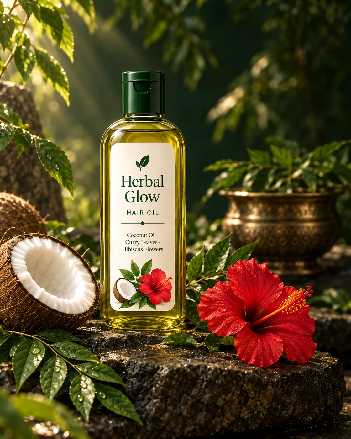 Herbal Glow bottle with coconut, curry leaves and hibiscus on dark stone in warm light; illustrative packaging concept
